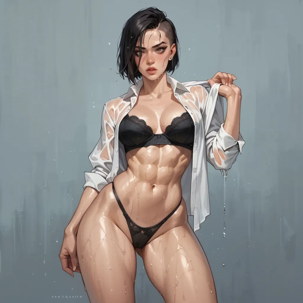 Fit girl, bobcut hair, narrow waist, big thighs, croptop black dress, white unbuttoned shirt, black bra, tight white panties, wet, better quality, high graphics, more details