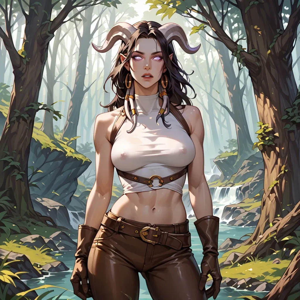 purple-skinned Draenei rogue who likes treasures. She have a perfect skinny body with big tits.She wears white shirt, wide leather belt, brown cloth pants and brown leather gloves, fantasy forest