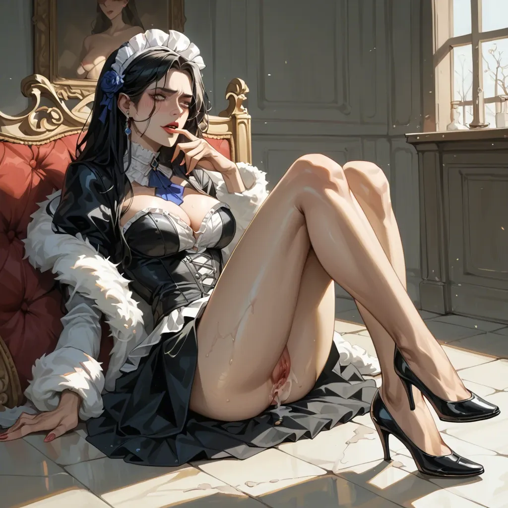 France，beauty，slim，black hair，long hair，long legs，fashion，modern city，leather skirt，fur coat，Victorian era，fucked by huge dick，cum inside，gothic room