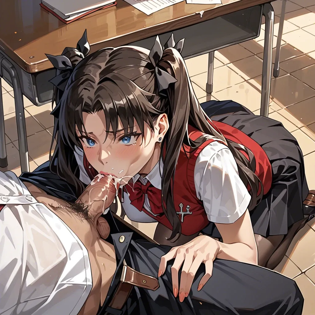 1girl2boys,,,,,rin tohsaka,classroom, blowjob,under the table,school uniform,cum in mouth,