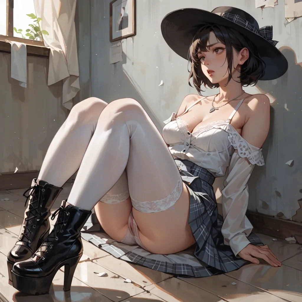 2girl, , , , cute nose,knees up,medium breasts,hairy chest,bare shoulder, lifting shirt,white pantyhose,necklace,hand on panties,knee boots, plaid skirt,baggy socks,black hat,lingerie,platform heels, undress,stockings,fur hat,panties on,sandals, bare midriff, piledriver, cyberpunk, shelf, wonder woman