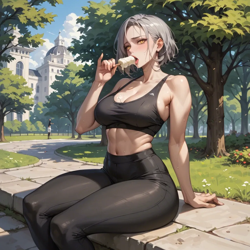 masterpiece, gray hair, yellow eyes, beautiful body, beautiful stomach, wide hips, black yoga pants, sitting on a park, --ar 1:2 --c 1 --style expressive, begging eyes, sfw, taking an ice cream