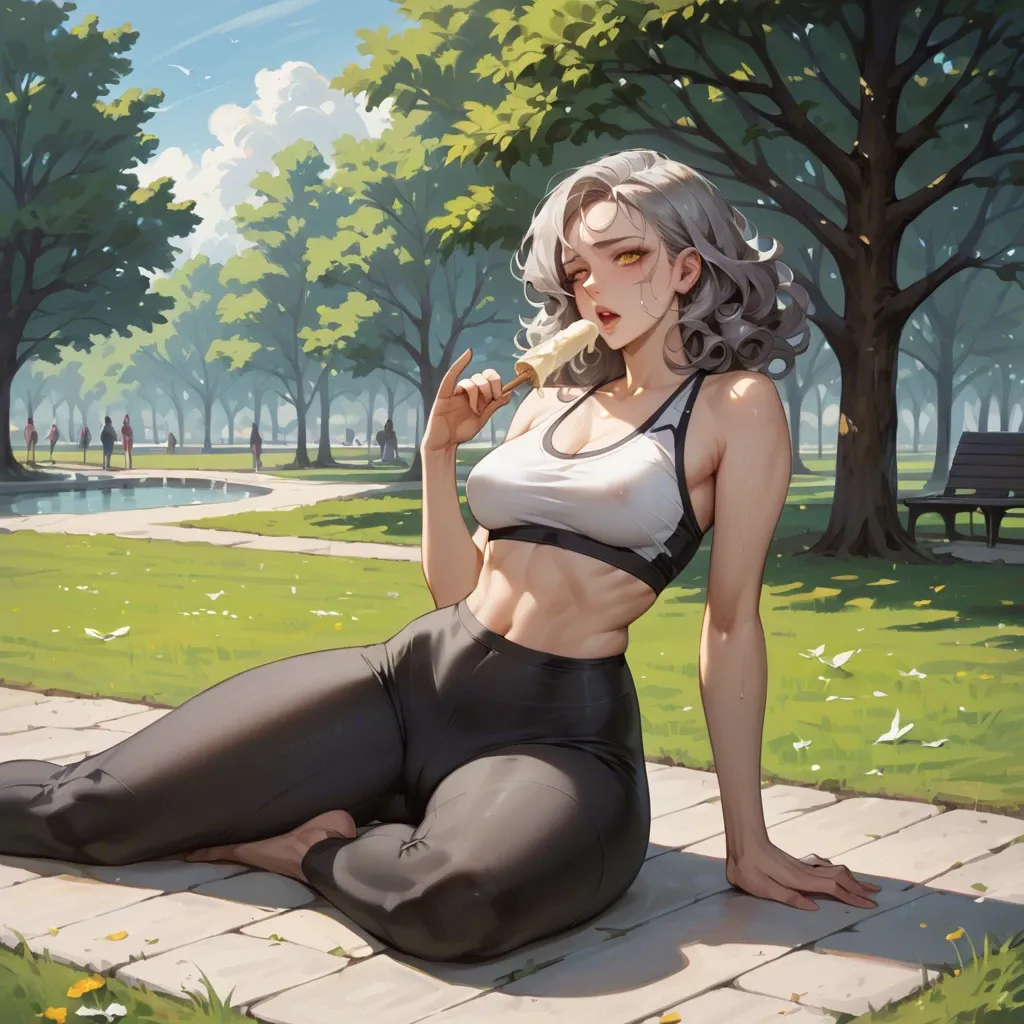 masterpiece, gray hair, yellow eyes, beautiful body, beautiful stomach, wide hips, black yoga pants, sitting on a park, --ar 1:2 --c 1 --style expressive, begging eyes, sfw, taking an ice cream, curly hair