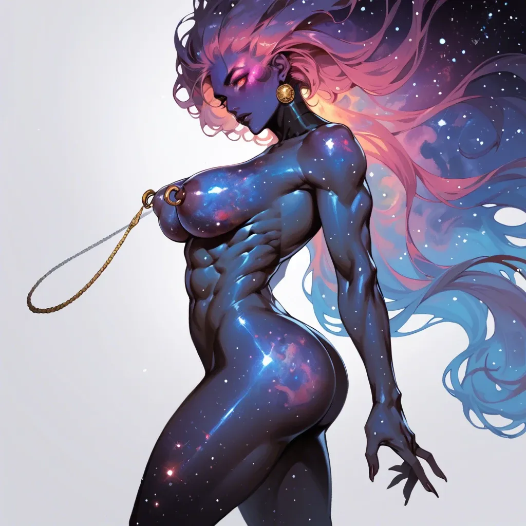 Cosmos body galaxy skin, girl, sticking out big perky round tits, cosmos nipple rings, front side view from above, sticking out athletic bubble butt, cosmos face, abs, bubble butt, deity