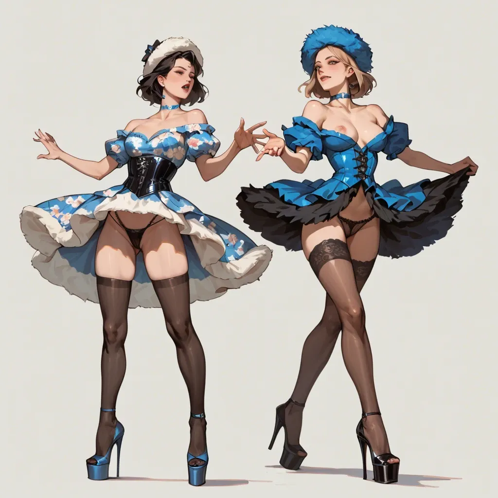 2girl, , , , reaching,bare arms,light areolae,from waist up,off-shoulder, skirt lift,lace thong,fur hat,black panties,heels, floral dress,thighhighs,blue choker,latex corset,platform heels, hotel exterior, sparkles, respectable, painted, well-lit, princess zelda, spider-gwen, rapunzel waifu