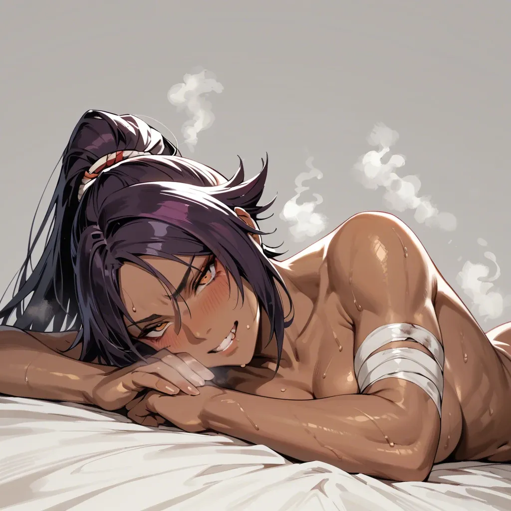 score_9,score_8_up,score_7_up(masterpiece)(Best quality) highest resolution)(ultra detailed)(4k), 1girl, yoruichi, naked, bandages, blush, sweat, steam, naughty face, laying on back, bleach style,