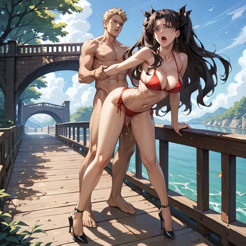 1girl1boy,,,,, rin tohsaka,bikini,high heels,blue eyes, wooden bridge,bikini bottom down to knees,standing,suddenly fucked from behind,huge dick,