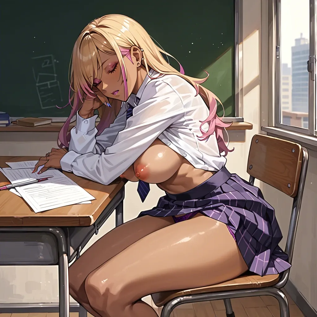 gyaru, in classroom, sleeping, nipples pulled, purple leopard panties visible, skirt, sitting on chair at desk