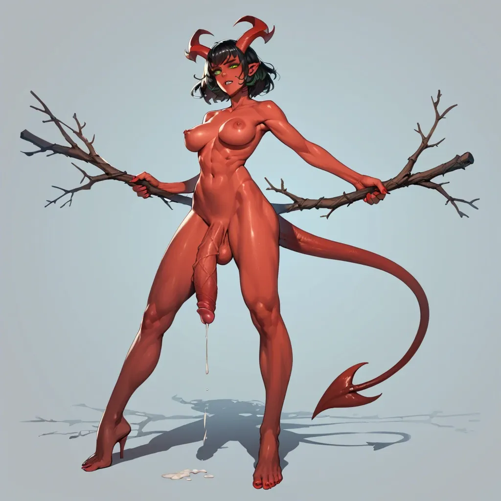 Futanari demoness, red skin, green eyes, red horns, big boobs, demonic tail, tall, sticks tail in urethra