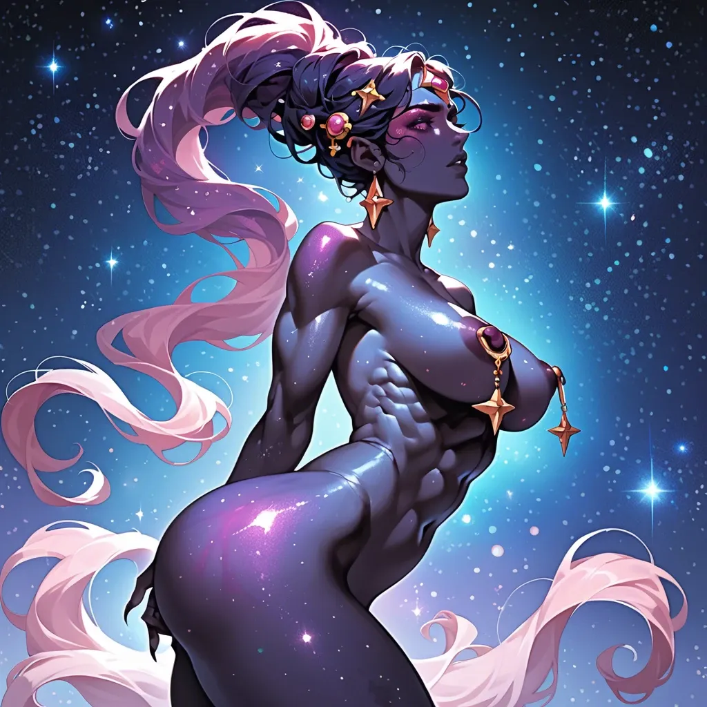 Cosmos body, galaxy skin, cosmos girl, sticking out big perky round tits, cosmos nipple rings, front side view from above, sticking out athletic bubble butt, cosmos face, abs, bubble butt, deity, creation of the universe