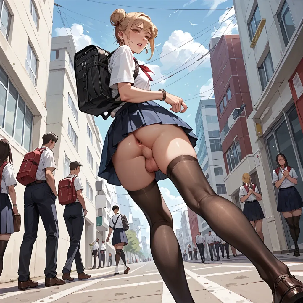 skirt up in back, ass visible, anus visible, balls visible, school square, in public, femboy, two buns, blonde, brown eyes, earring, school uniform, walking, low angle, backpack on back, anal balls in anal, stockings