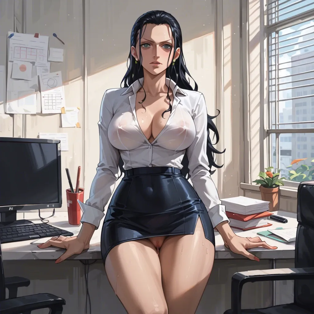 Nico Robin, char Nico Robin, office clothes, mini dark skirt, transperent white shirt, secretary