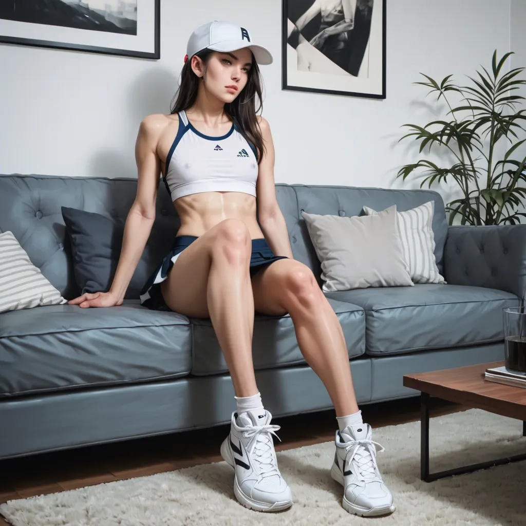 realistic,detailed,living room,sports skirt,sports cap,white sneakers,youngfull russian girl,slim,skinny,petite,flat chest,sitting on sofa