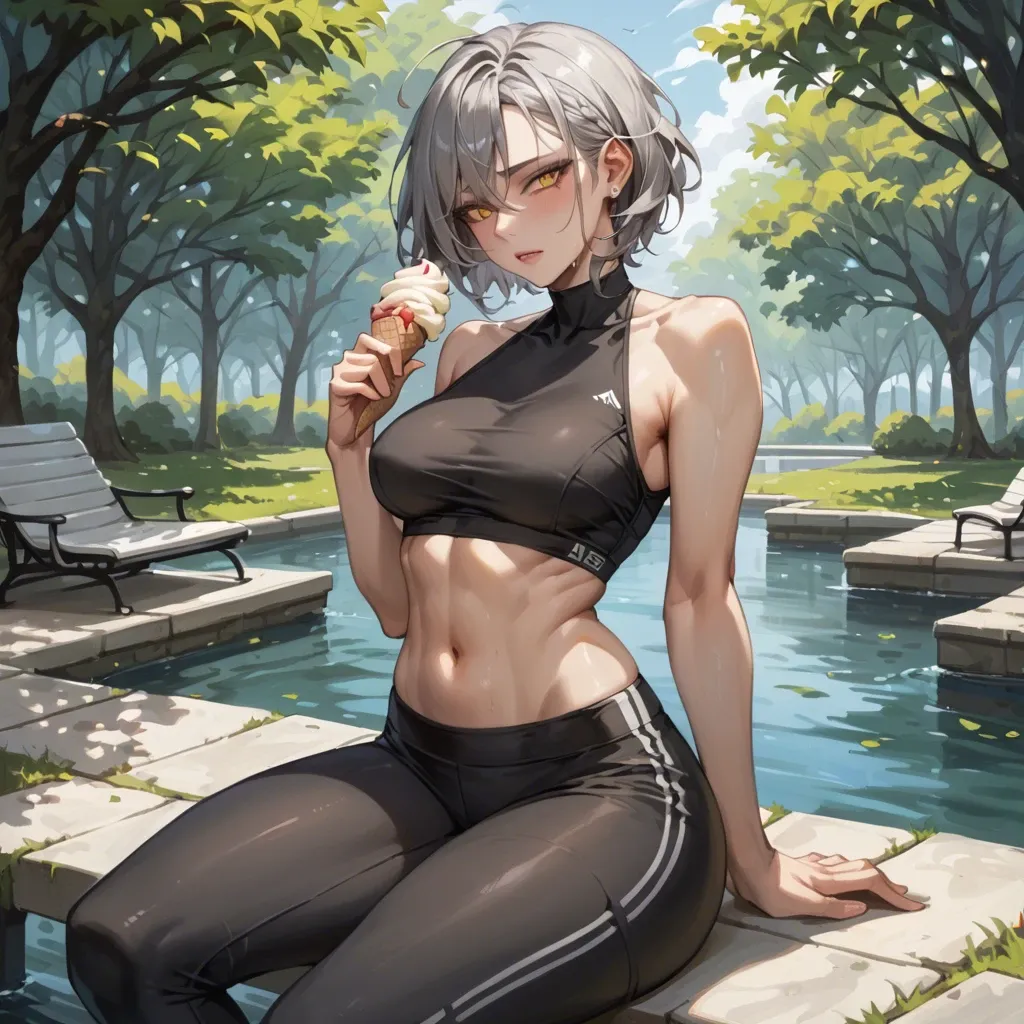 masterpiece, gray hair, yellow eyes, beautiful body, beautiful stomach, wide hips, black yoga pants, sitting on a park, --ar 1:2 --c 1 --style expressive, begging eyes, sfw, taking an ice cream