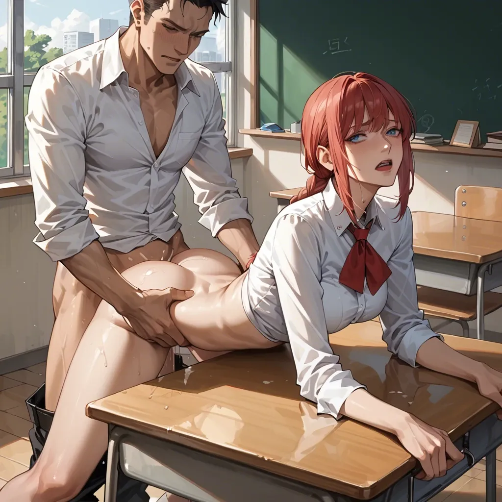 1girl1boy,,,,makima,blue eyes,classroom,doggystyle position,lay on desk,spread legs,man grab her arms from behind,