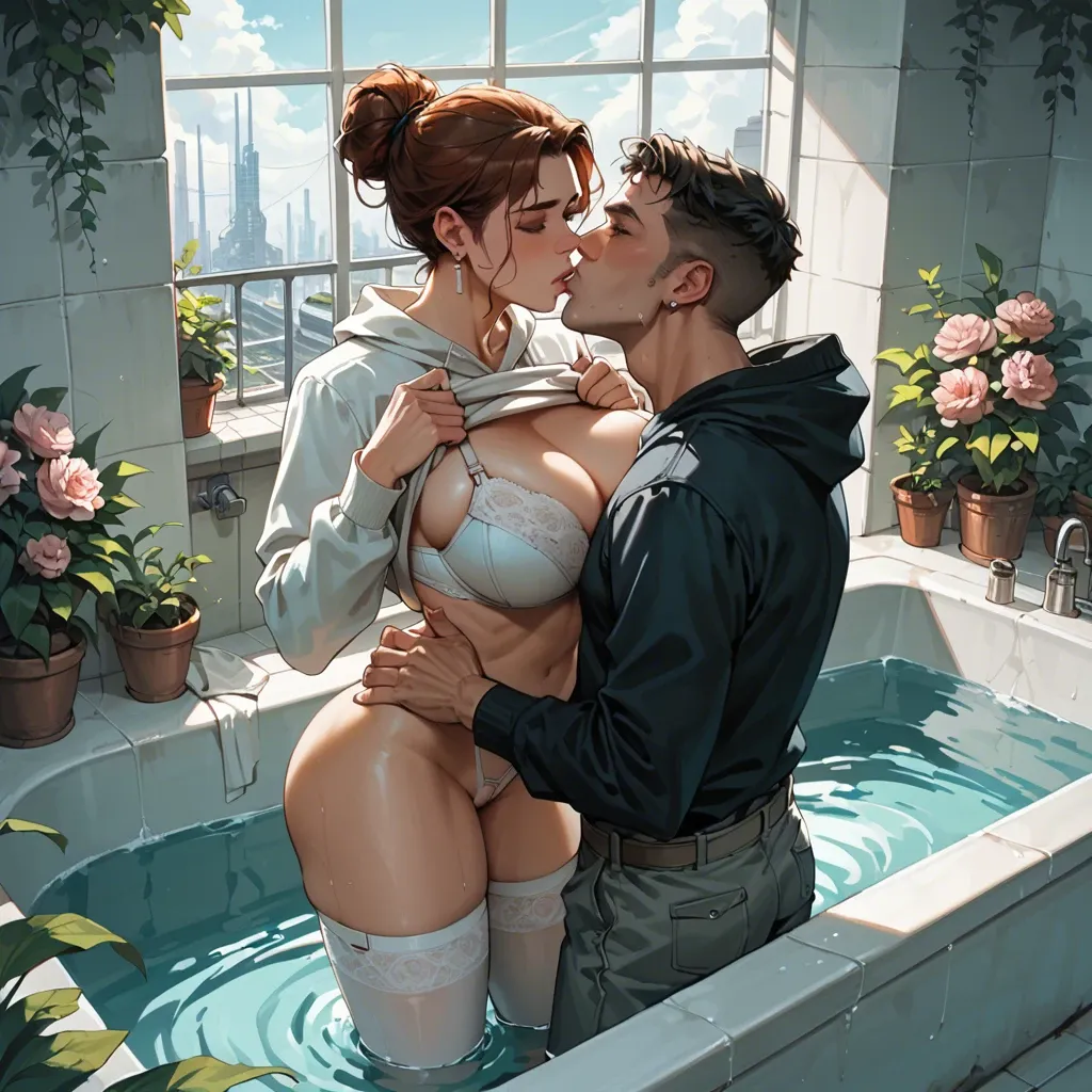 1girl,1boy, , , , lip,perfect hands,huge breasts,hands on waist,kissing neck, sweatshirt lift,white stockings,earrings,bra,armored boots, bathtub, outdoor garden, spaceship, robot, source cartoon, moody, anna, rapunzel waifu