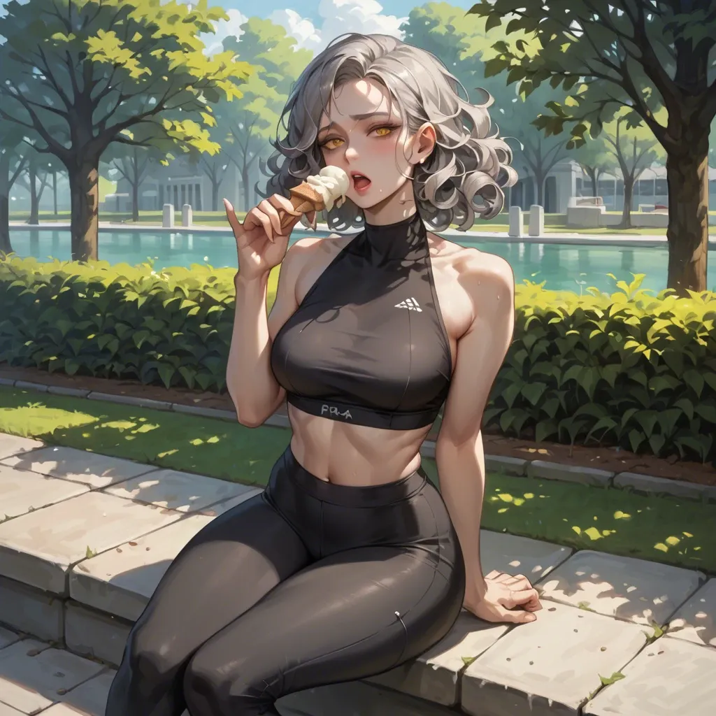 masterpiece, gray hair, yellow eyes, beautiful body, beautiful stomach, wide hips, black yoga pants, sitting on a park, --ar 1:2 --c 1 --style expressive, begging eyes, sfw, taking an ice cream, curly hair