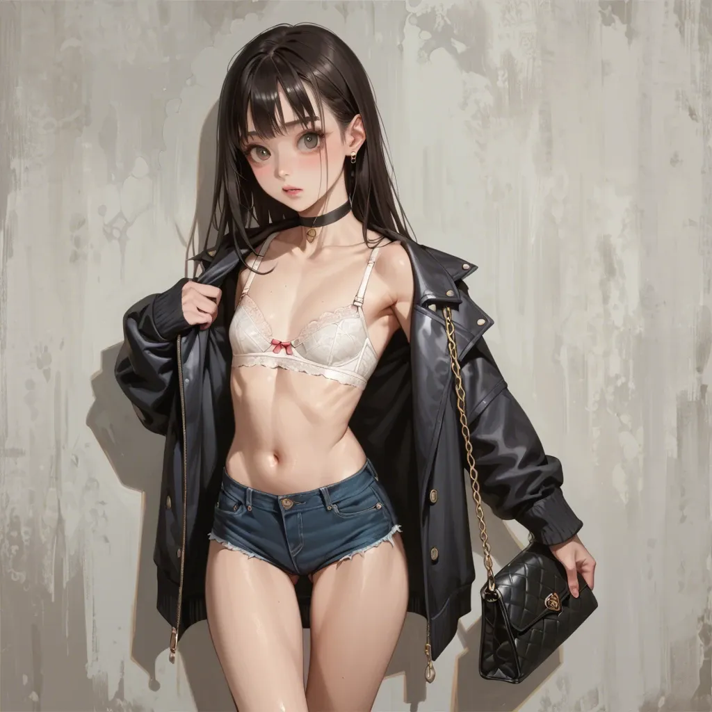 detailed, flat chest, big eyes, cute nose, skinny, wide hip, wide thigh gap, thin legs, slim waist, hotpant, sweater, jacket, handbag, choker, vaginal sex, bra