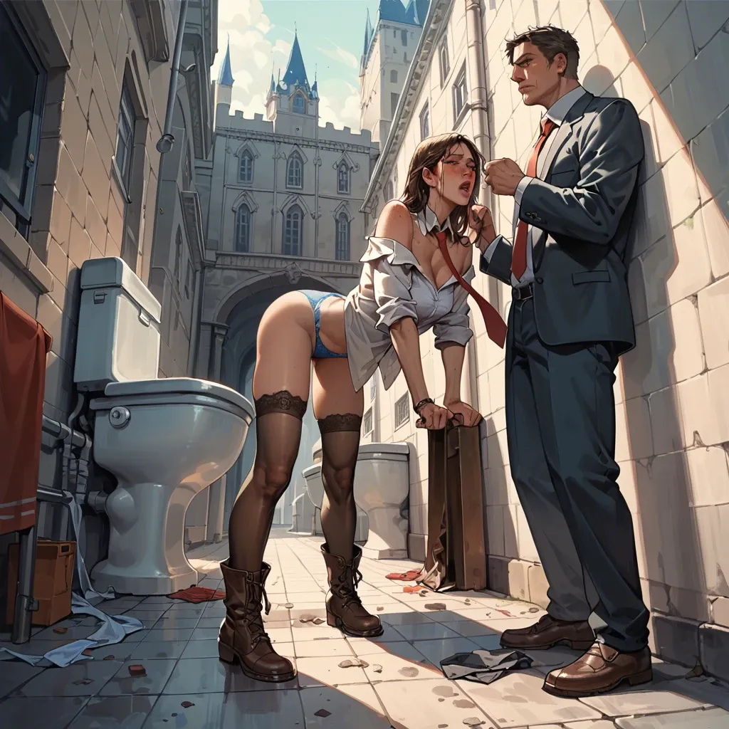 1girl,1boy, , , , light freckles,on elbows,saggy boobs,abuse,off shoulders, no skirt,lace stockings,tie,blue panties,brown boots, school bathroom, streets, castle, computers, super detailed, dark background, 2b, heart dynamics