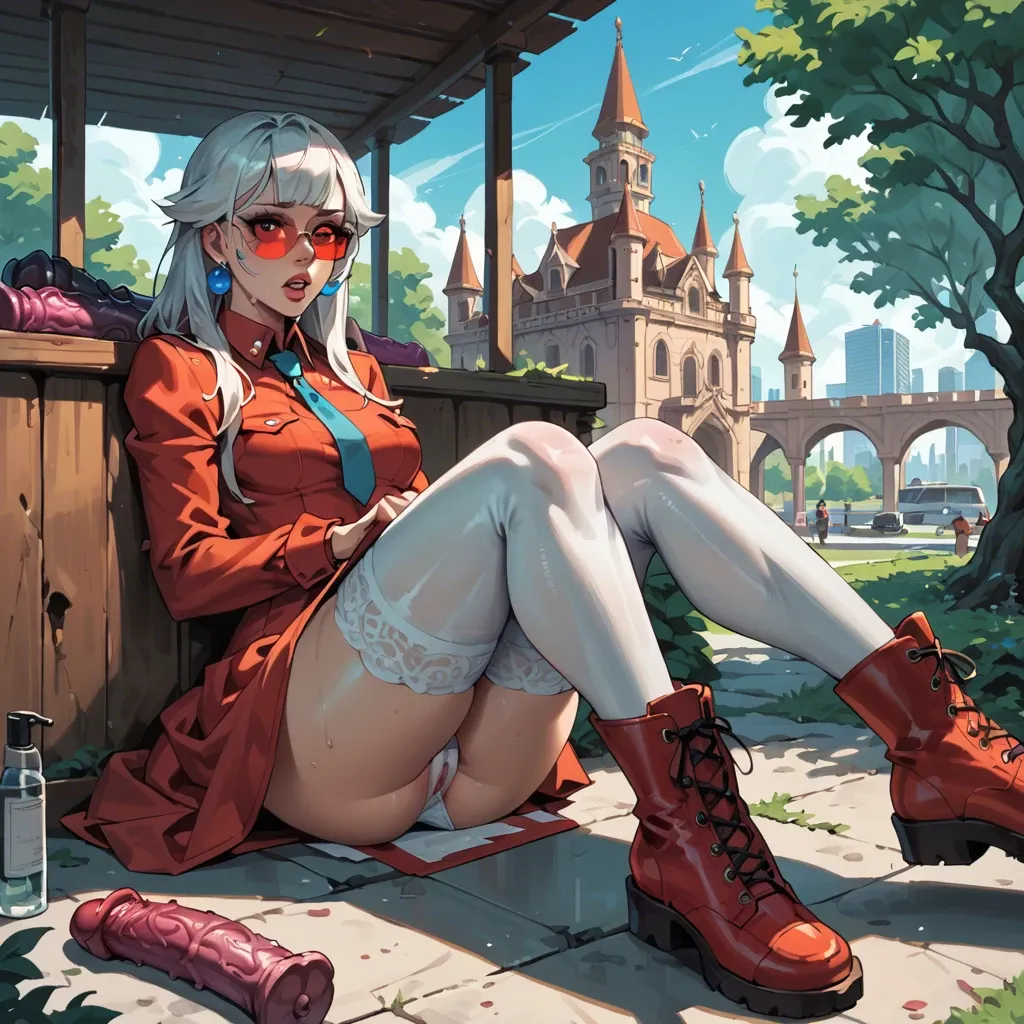 2girl, , , , wide eyes,knees up,perky boobs,cabin,necktie, lift dress up,thighhighs,red sunglasses,wet panties,boots, palace bedroom, public park, cyberpunk, equine dildo, super mario, reinhardt