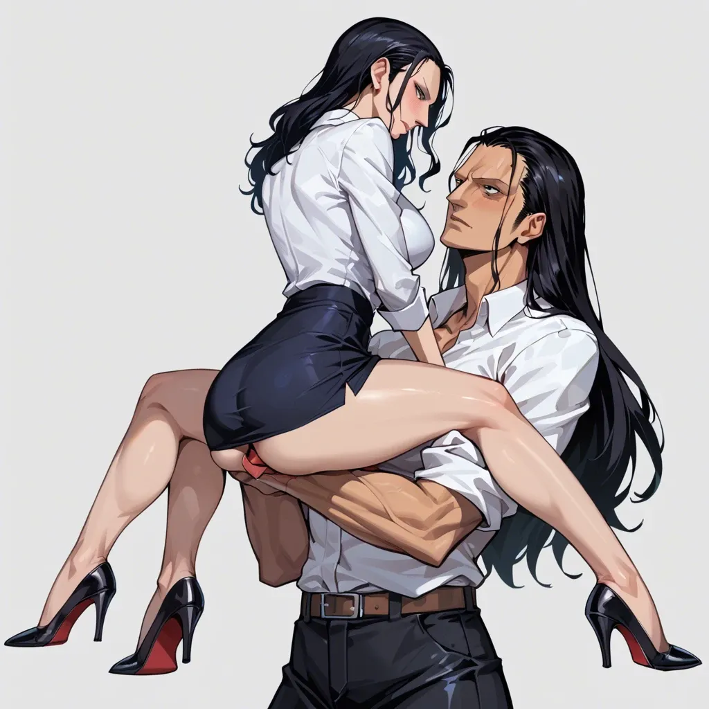 Nico Robin, char Nico Robin, office clothes, mini dark skirt, transperent white shirt, secretary, carry documents, view from back