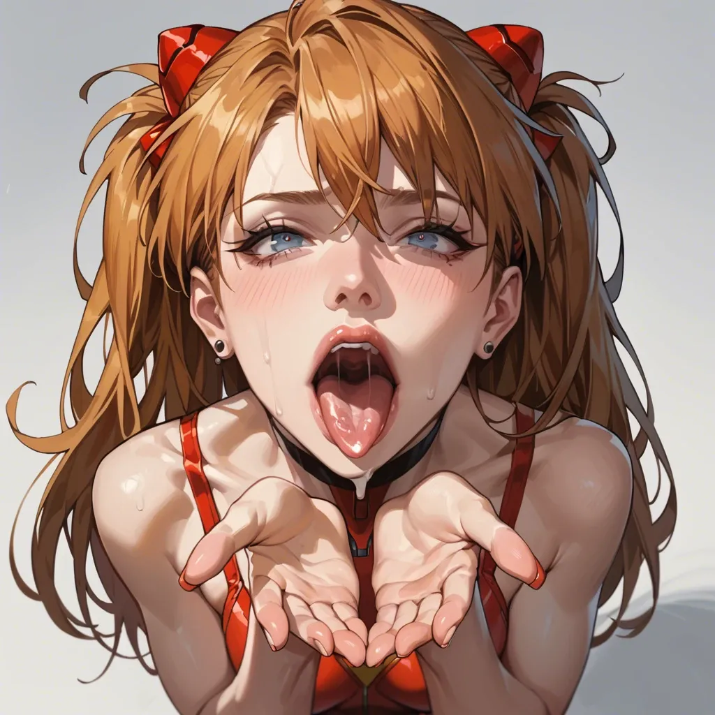 Asuka langley ahegao sexy from above looking the camera large tongue out  close eyes cupping hands