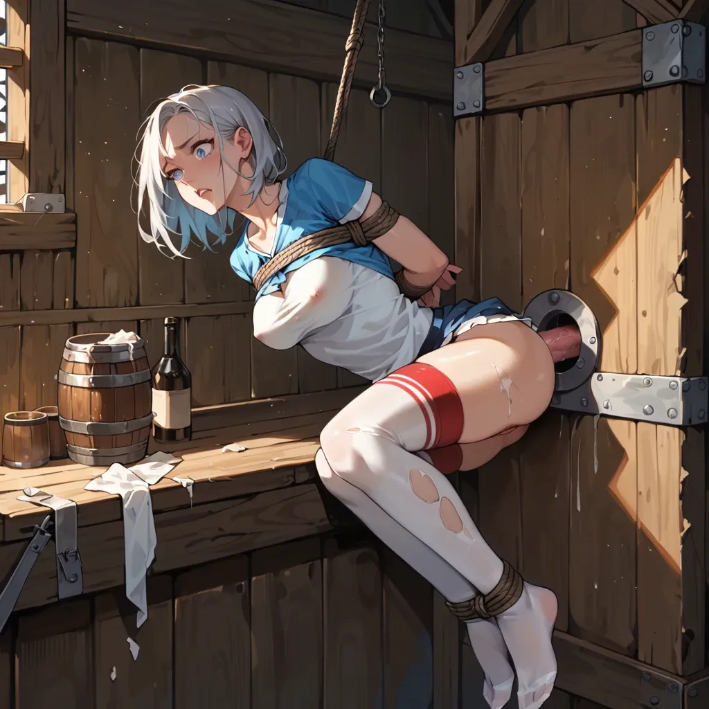 1girl,solo, , , , ice blue eyes,white legwear,medium boobs,on her back,wrists bound, shirt,red stockings,tied up, tavern, bright eyes,stuck in the wall