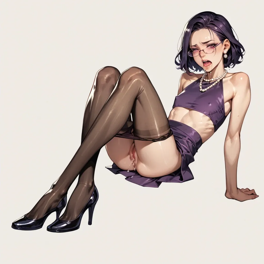 1girl,solo, , , , mouth drooling,shiny hair,flat chest,underboob,purple necklace, cocktail dress,pantyhose,pearl necklace,panties visible,high heels, underpants,socks,opaque glasses,panties down,no shoes, glass shower, beach, tavern setting, very detailed, well-lit, rapunzel waifu