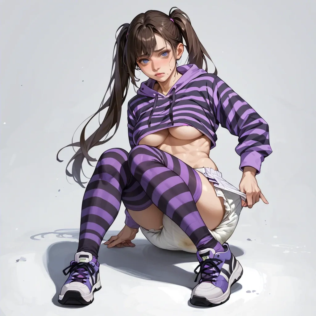 cute, full body, futanari, pulling down dirty diaper, long brown pigtails, blue eyes, purple striped hoodie, underboob, black pleated skirt, purple striped thighhighs, purple sneakers