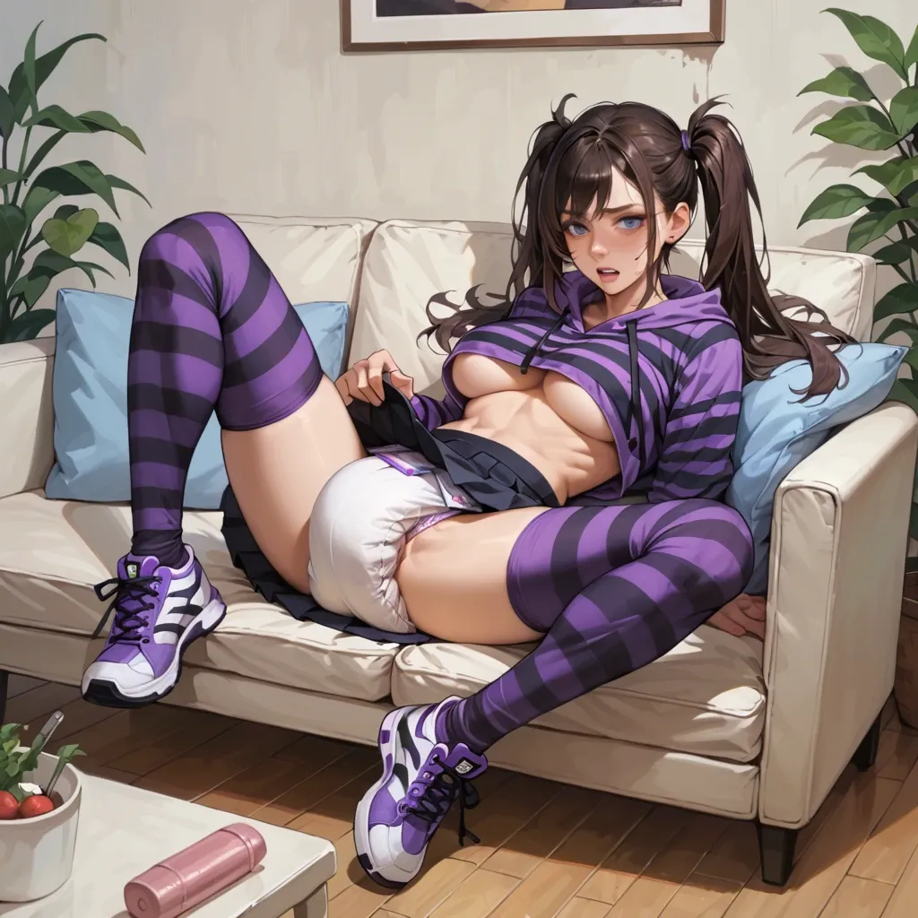 cute, full body, futanari, couch, dirty diaper under skirt, long brown pigtails, blue eyes, purple striped hoodie, underboob, black pleated skirt, purple striped thighhighs, purple sneakers