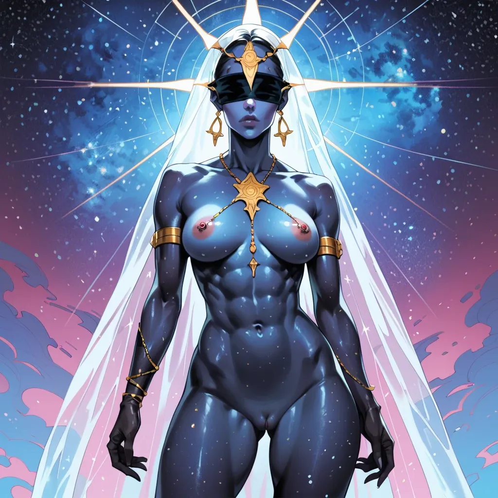 Transparent body, galaxy skin, cosmos girl, big athletic perky round tits, nipple piercing, front view, sticking out athletic bubble butt, shaved pussy, cosmos face, thin waist, deity, creation of the universe, galaxy blindfold, athletic body, pussy piercing