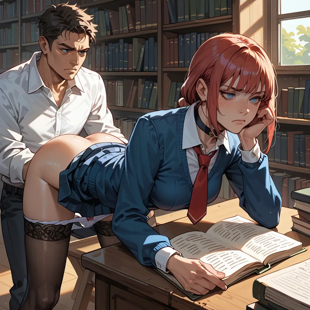 1girl1boy,,,,,makima,blue eyes, library,bending over, reading book,brace herself,bored,schoolgirl outfit, ,choker, hair bow, freckles, stockings,panties down,spread legs,