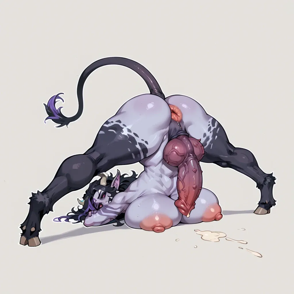 rear view, chibi,white outline, purple skin satyr futanari, jack-o-pose, fluffy bottom,hooves, massive disheveled hair,black sclera,purple eyes,huge nipples,hyper knot,barbed knot,huge testicles,huge anus