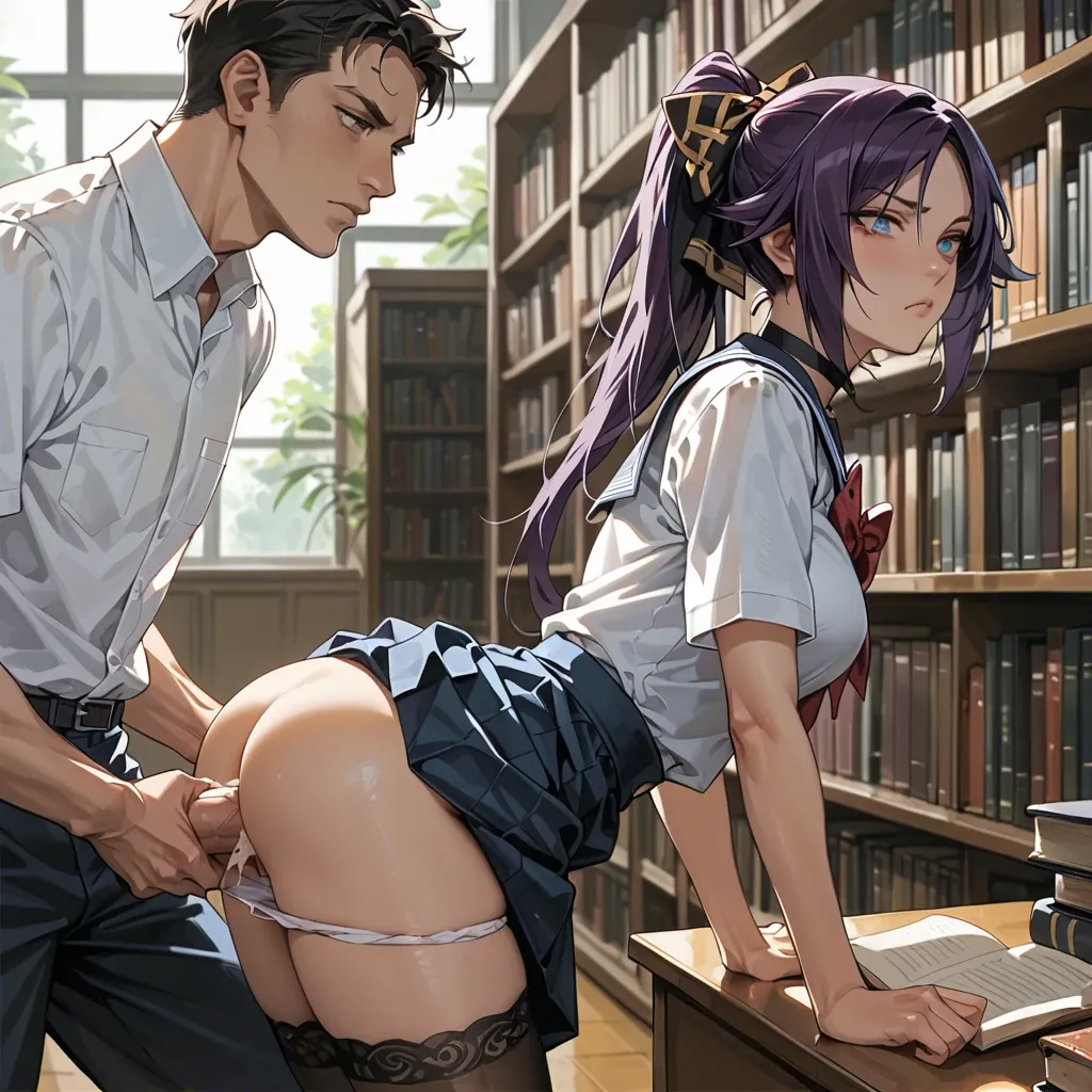 1girl1boy,,,,,yoruichi shihouin,blue eyes, library,bending over,spread legs, reading book,brace herself,bored,school uniform,choker, hair bow,  stockings,panties down,raising one knee,side view,creampie,