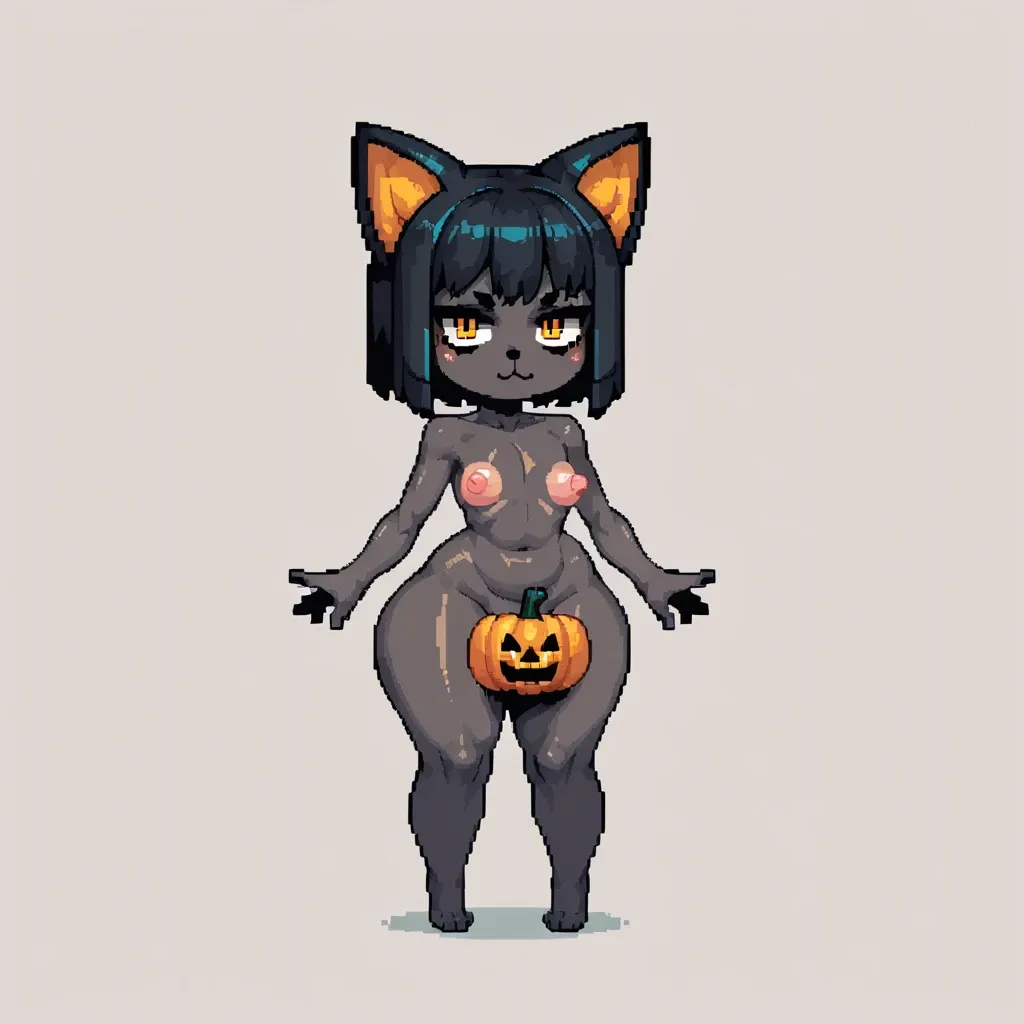 chibi pixel-art, furry cat,futanari,pumpkin head instead of the usual head,fully black skin, flat chest,huge nipples,bright pink nipples,huge areola,huge ass,huge hips,yellow knot