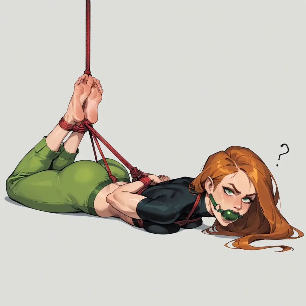 1girl, solo, Kim Possible \(Kim Possible\), confused expression, black turtleneck, green baggy pants, barefoot, ball gagged, laying on stomach, rope bondage, hogtied, soles focus, ((face view))