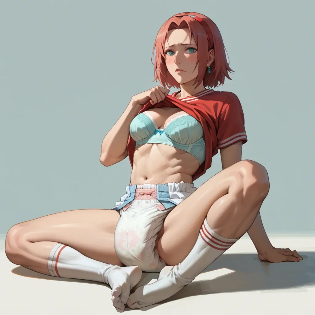 Full body, studio ghibli art, hd, futa, haruno sakura, plain diaper, used plain diaper, socks, horny, lifting shirt, showing bra, futa used diaper