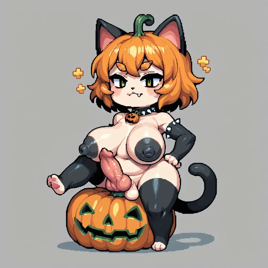 chibi pixel-art, furry cat,futanari,pumpkin head on head,full black skin, disembodied hands stroking futa's knot, midget,plump,huge nipples,black nipples,huge areola,barbed knot