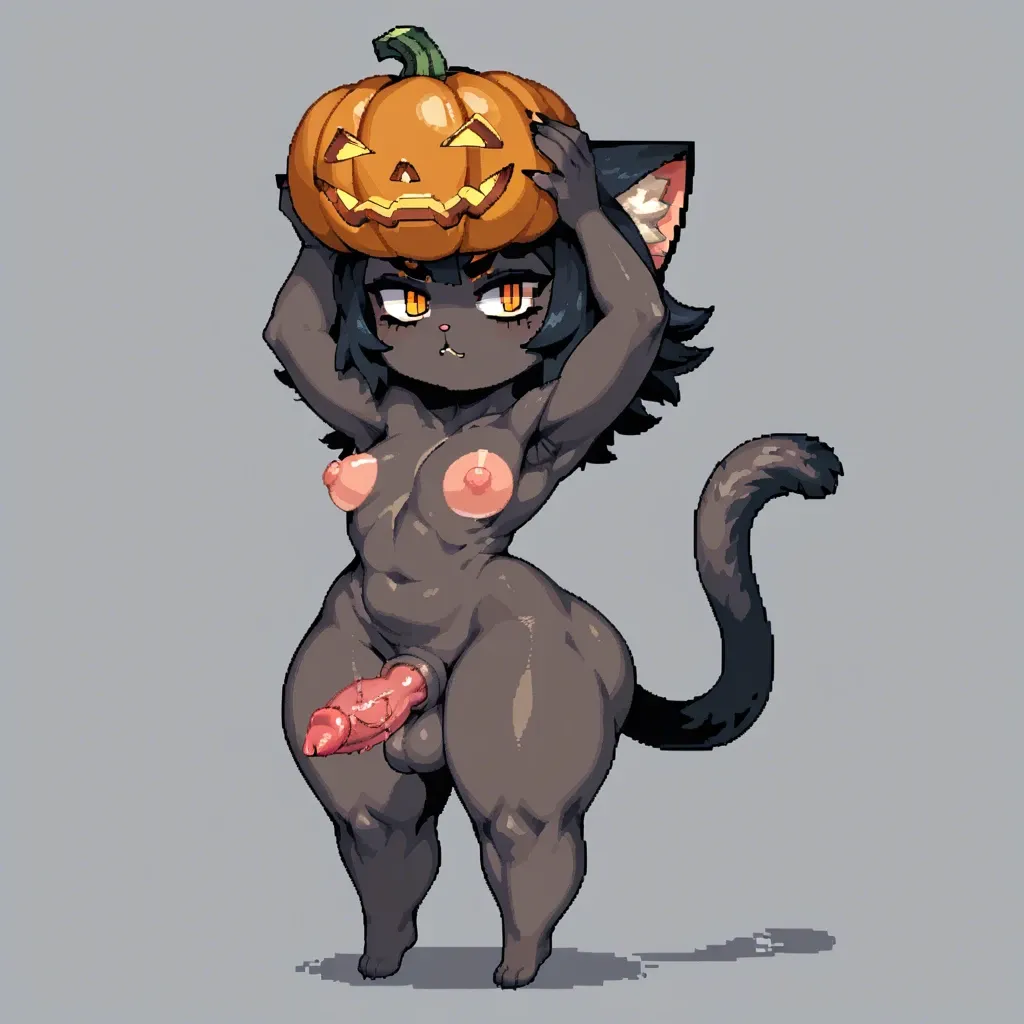 chibi pixel-art, furry cat,futanari,pumpkin head instead normal head,fully black skin, flat chest,huge nipples,bright pink nipples,huge areola,huge ass,huge hips,barbed knot