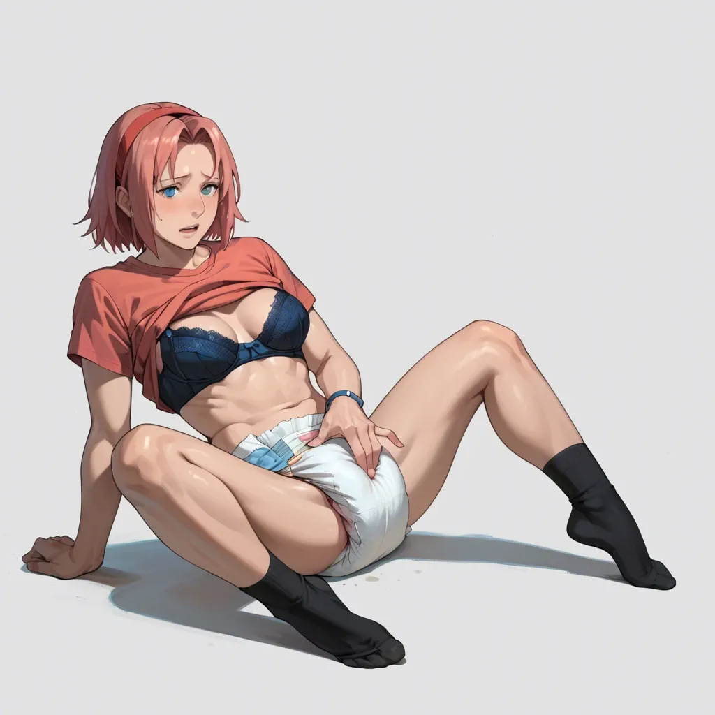 Full body, studio ghibli art, hd, dickgirl haruno sakura, plain diaper, used plain diaper, socks, horny, lifting shirt, showing bra, diaper masturbation