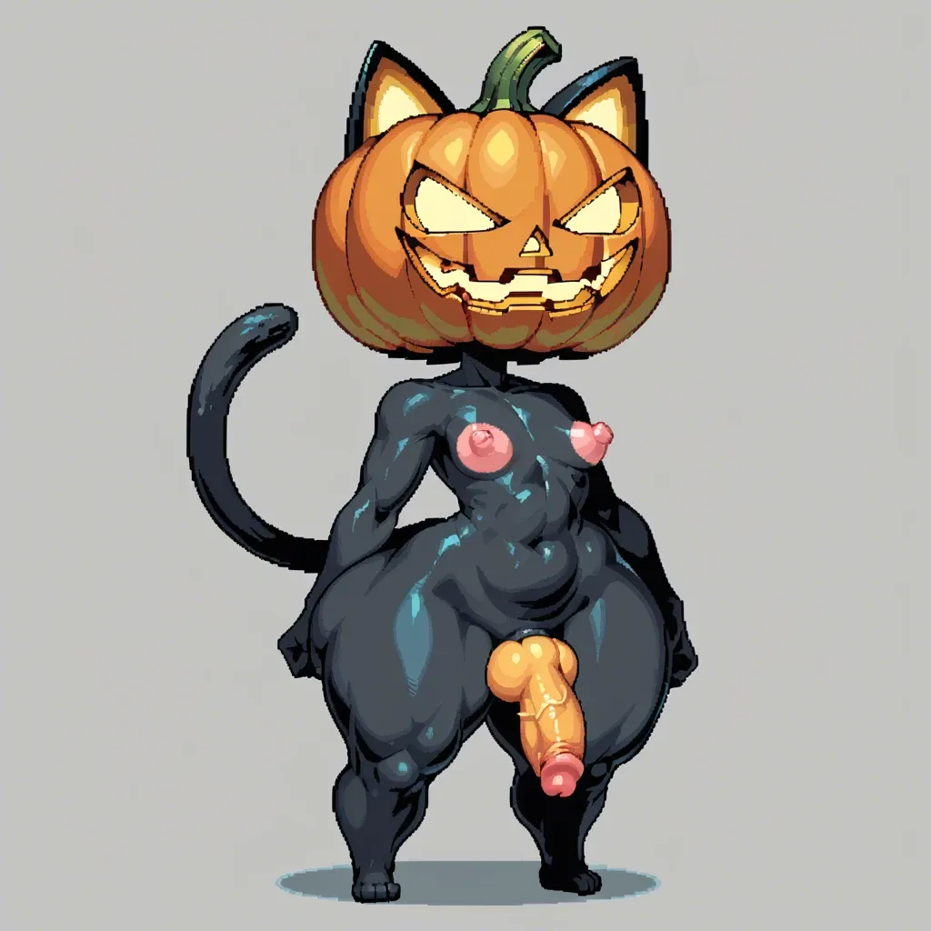 chibi pixel-art, furry cat,futanari,pumpkin head on head,fully black skin, flat chest,huge nipples,bright pink nipples,huge areola,huge ass,huge hips,yellow knot