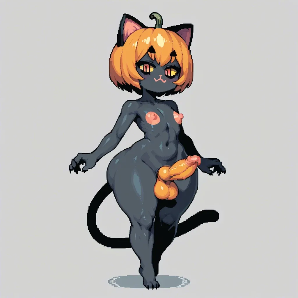 chibi pixel-art, furry cat,futanari,pumpkin head instead of the usual one,fully black skin, flat chest,huge nipples,bright pink nipples,huge areola,huge ass,huge hips,yellow knot