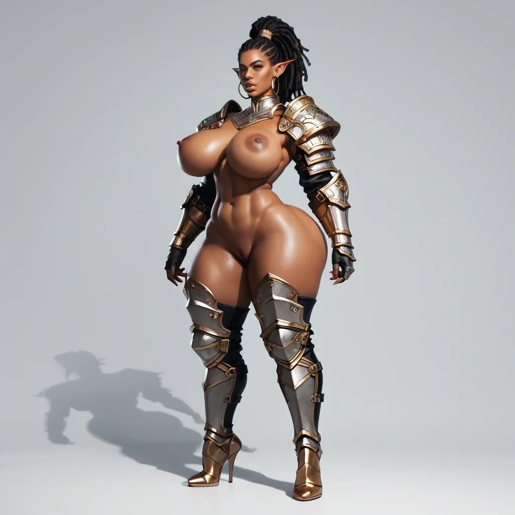 black elf woman dark skin, elf ears, pointed ears, large thick dreadlocks ponytail hair, black hair, thick bimbo lips, topless, bottomless, armour gloves, armour boots, rounded breasts, massive ass, waist, thicc hips and thighs, doggystyle, vaginal penetration, impossible fit, cum in pussy, large orc male green skin, extreme massive bulging hyper thick penis bigger than arm, incredibly thick hyper girth penis, massive swollen balls, side view, forrest ruins