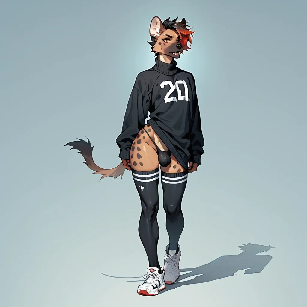 Femboy Futanari Anthro Hyena Slender feminine body  Sport  sweater Thong Bulge Thigh Highs Sneakers