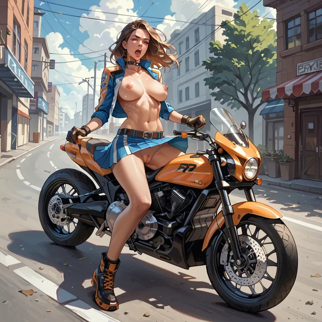 A biker girl is racing on a motorcycle, her skirt is lifted by the wind, exposing her labia, her blouse is open, exposing her beautiful breasts