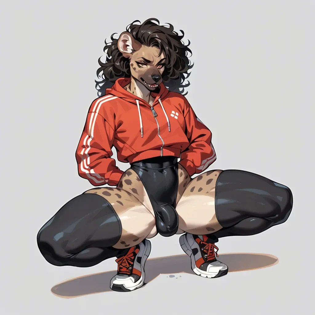 Femboy Futanari Anthro Hyena Slender feminine body Tracksuit Bottomless Thong Bulge Thigh Highs Sneakers Squatting Curly hair Slutty waist Wide hips and thick thighs