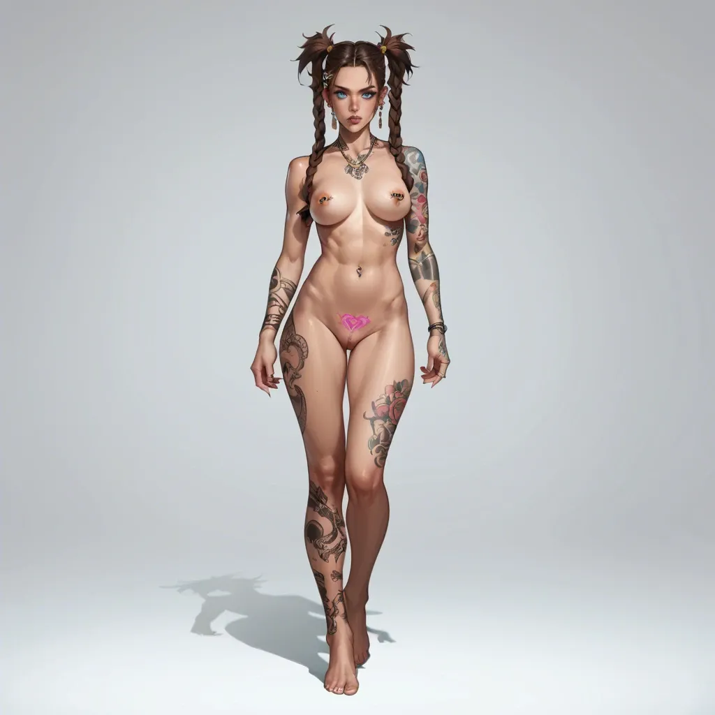 Super Cute, futanari, naked, long brown  hair pigtails, blue eyes, tattoos, piercings, pierced nipples, face piercings, womb tattoo, concept art, full body, flaccid, cartoon art style