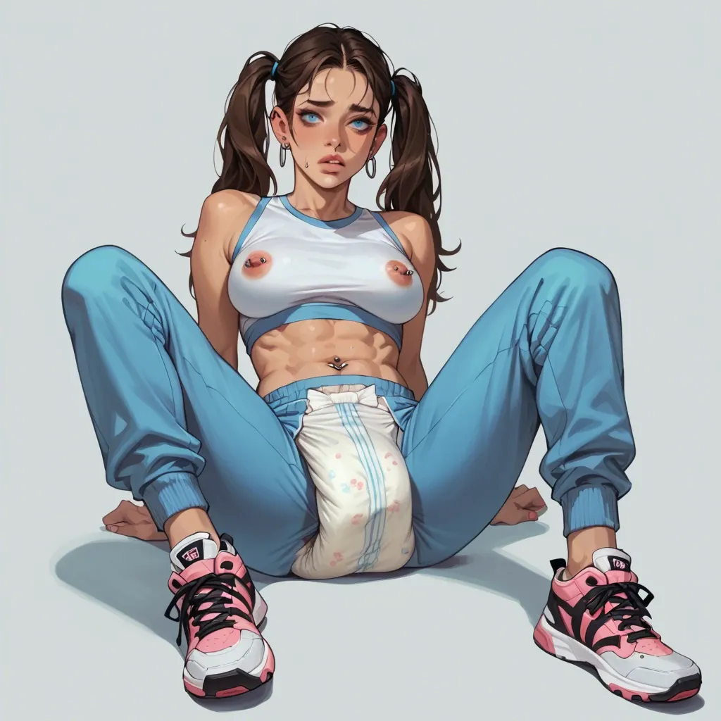 Cute, teen, futanari, long brown  hair pigtails, blue eyes, piercings, pierced nipples, face piercings, sweatpants, diaper under clothes