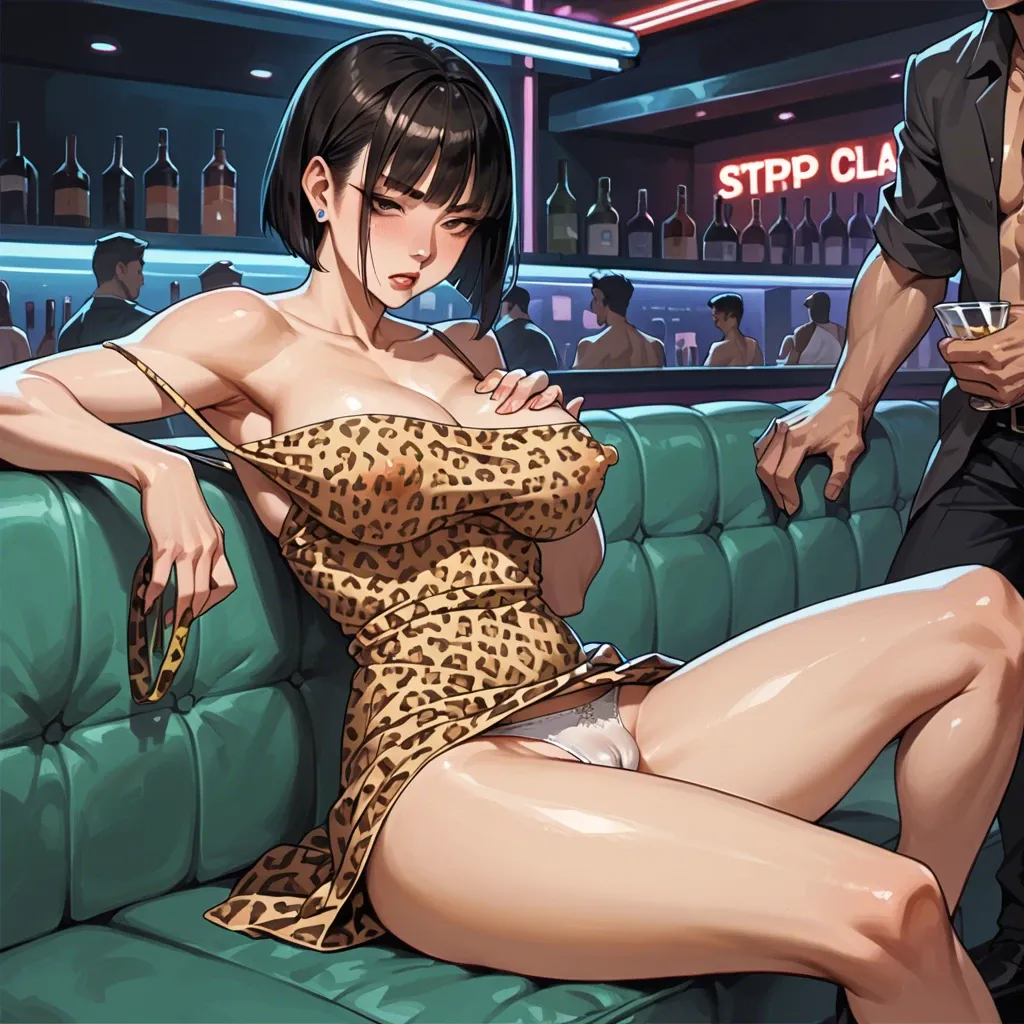 thick outline, strip club, asian woman,sitting on sofa, grab own breasts, leopard off-shoulder dress,sleeveless,white panties, blunt bob hairstyle,big breasts,nipple bulge,puffy cameltoe,swollen pussy