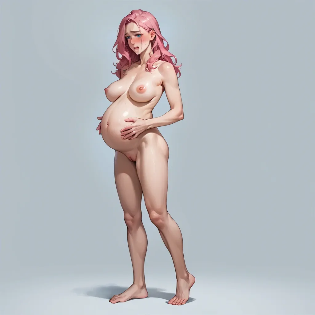 1 solo girl, standing up position, full body view, 20 Years old, embarrassed look, blush, tongue out, pregnant belly, d-cup breast, big blue eyes, long pink hair, naked